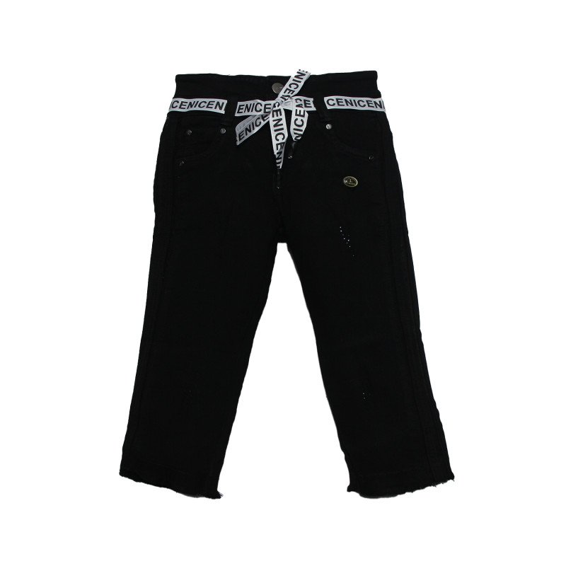 Girls Denim Capri With Siroski Work - Black