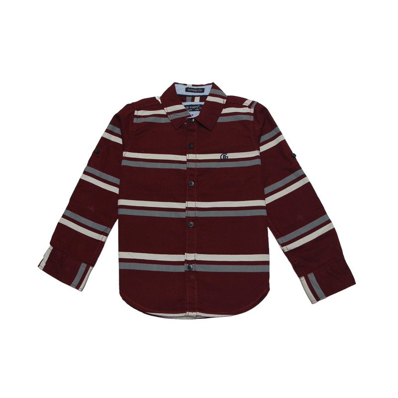 Cotton Full Sleeves Horizontal Stripes Shirt - Maroon