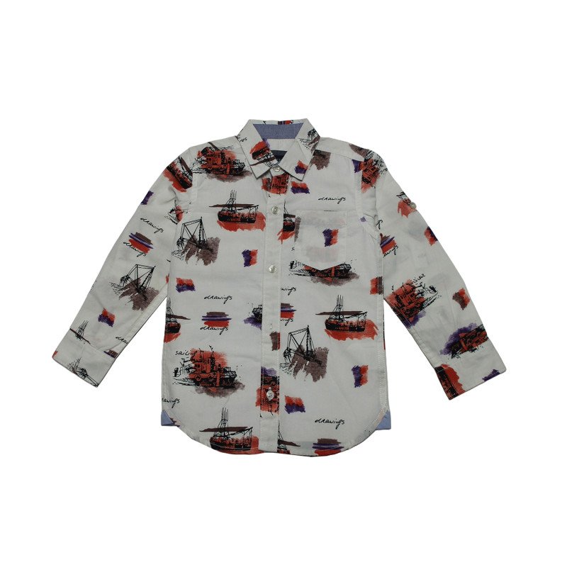 Cotton Full Sleeves Ship Printed White Shirt