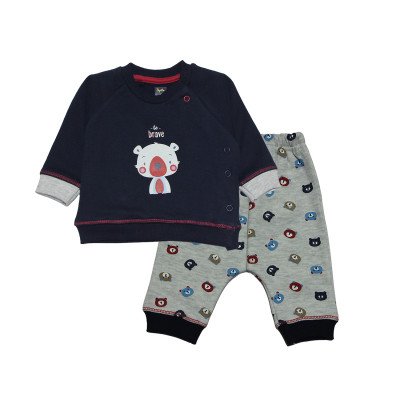 Fleece Full Sleeves Winter Wear Set- Blue & Grey Color