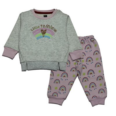 Fleece Full Sleeves Winter Wear Set Rainbow Print - Grey & Pink Color