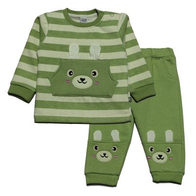 Fleece Full Sleeves Winter Wear Suit - Green and Off White Stripes